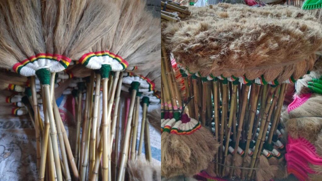 Coconut fiber broom made from coconut leaf midrib