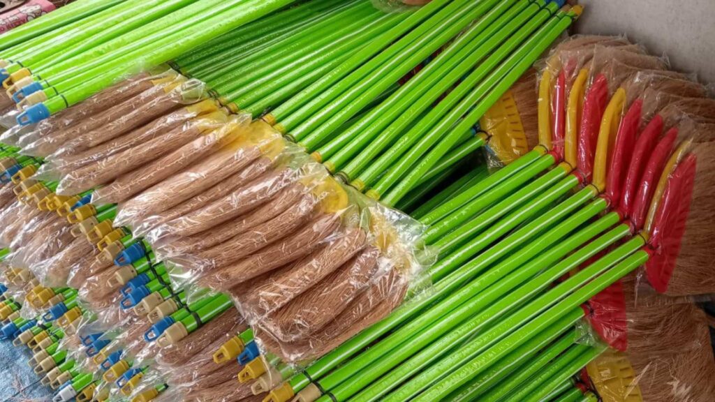 Natural coconut fiber brooms for indoor and outdoor use