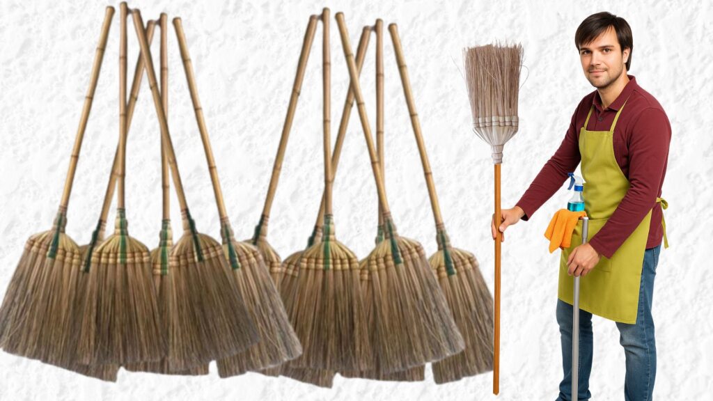 Coconut leaves broom handmade using traditional coconut leaf processing methods