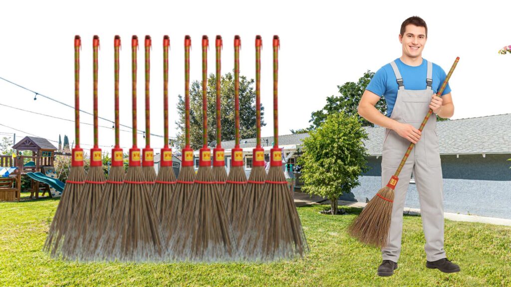 Coconut leafstick broom production process in workshop